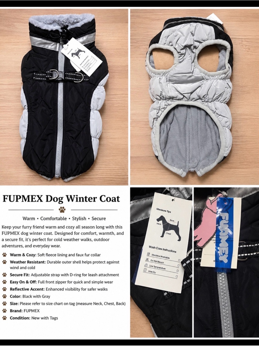 FUPMEX Black & Gray Quilted Dog Winter Coat – New With Tags